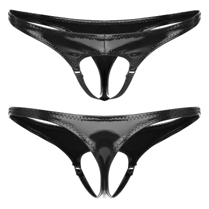 Wet-look Crotchless Black Thong - Image 5