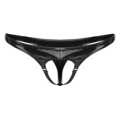 Wet-look Crotchless Black Thong